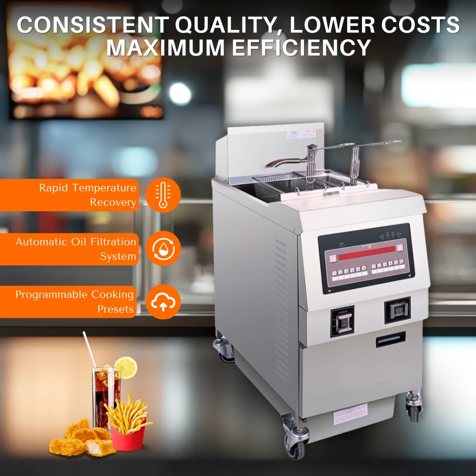 Heavy-duty stainless steel vat of OFG-321 gas fryer