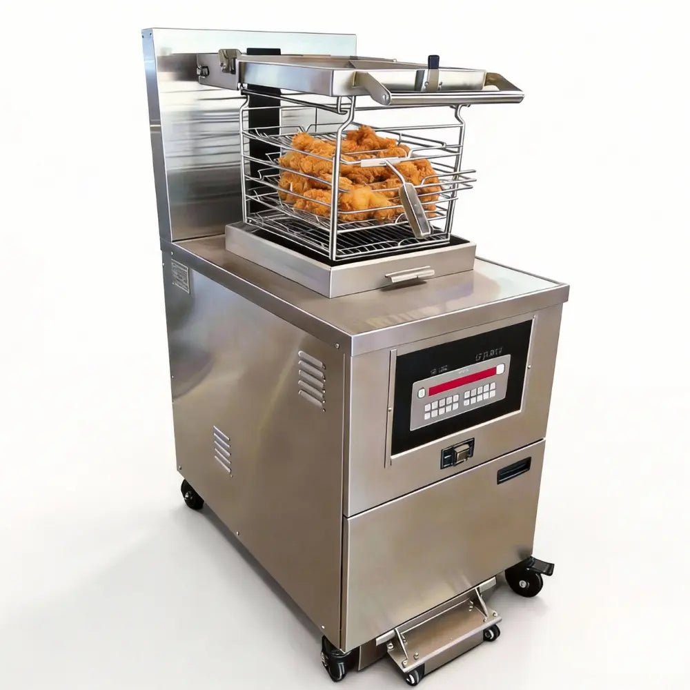 Tenshine OFG-5910 commercial auto-lift gas deep fryer with stainless steel body and computer controls. Ideal for high-volume fried chicken.