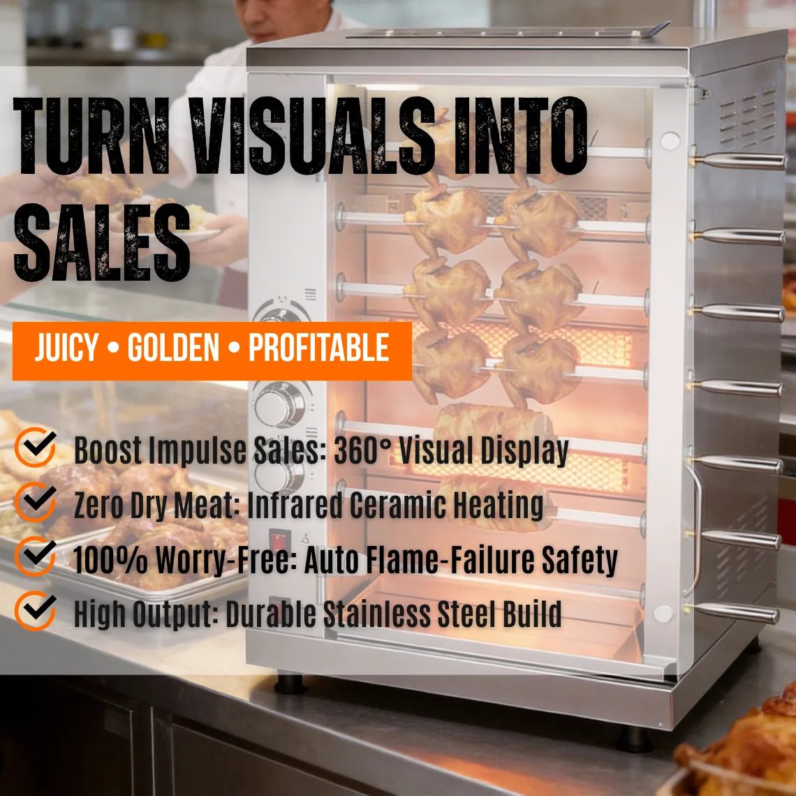 Key benefits of Tenshine Commercial Gas Rotisserie Oven: Boosts impulse sales with 360-degree display, ensures juicy meat with infrared heating, and features automatic flame-failure safety protection.