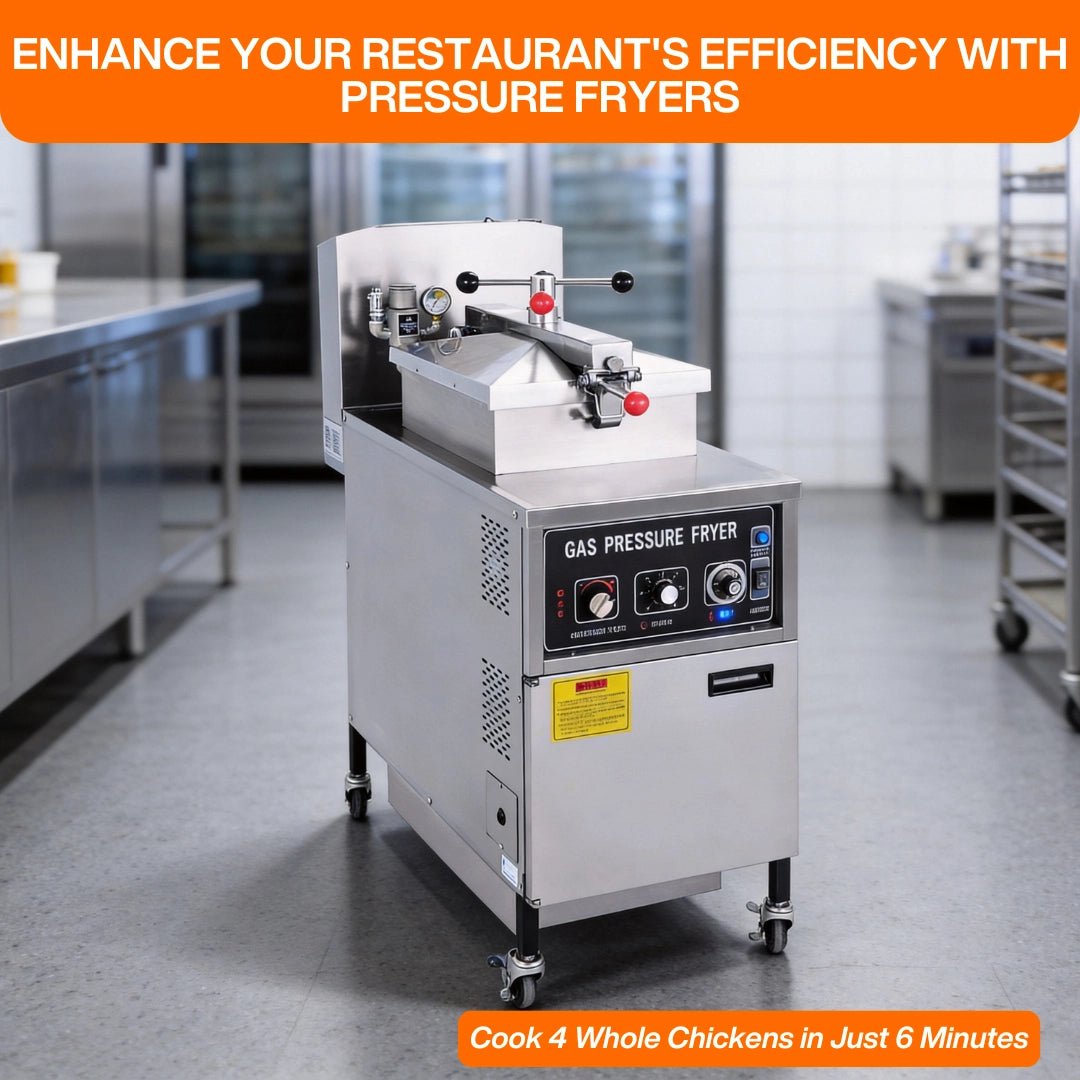 High-capacity outdoor catering gas pressure fryer capable of cooking 4 whole chickens in just 6 minutes.