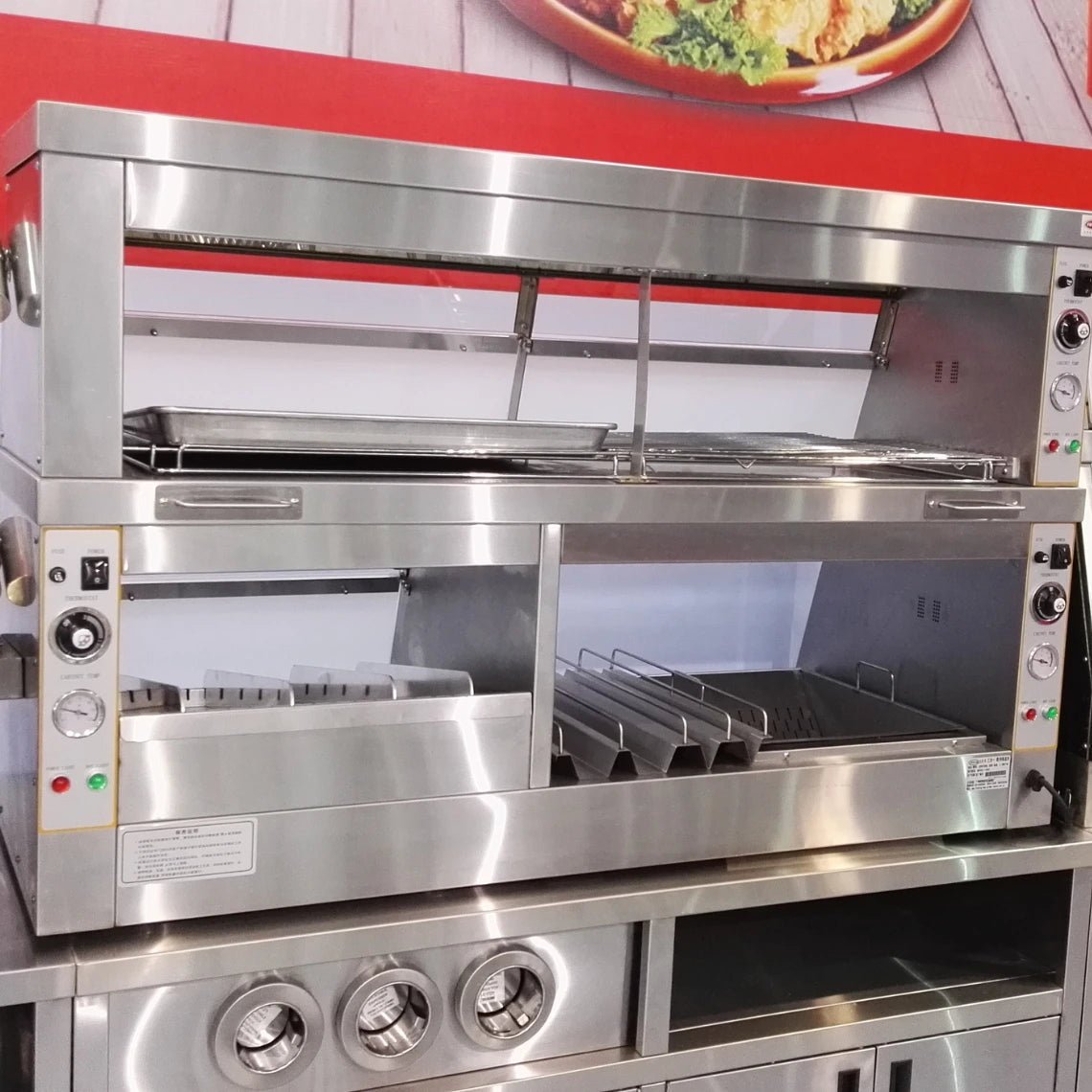 Kitchen worker using the dual-access pass-through commercial food warmer to seamlessly serve fast food during rush hour.