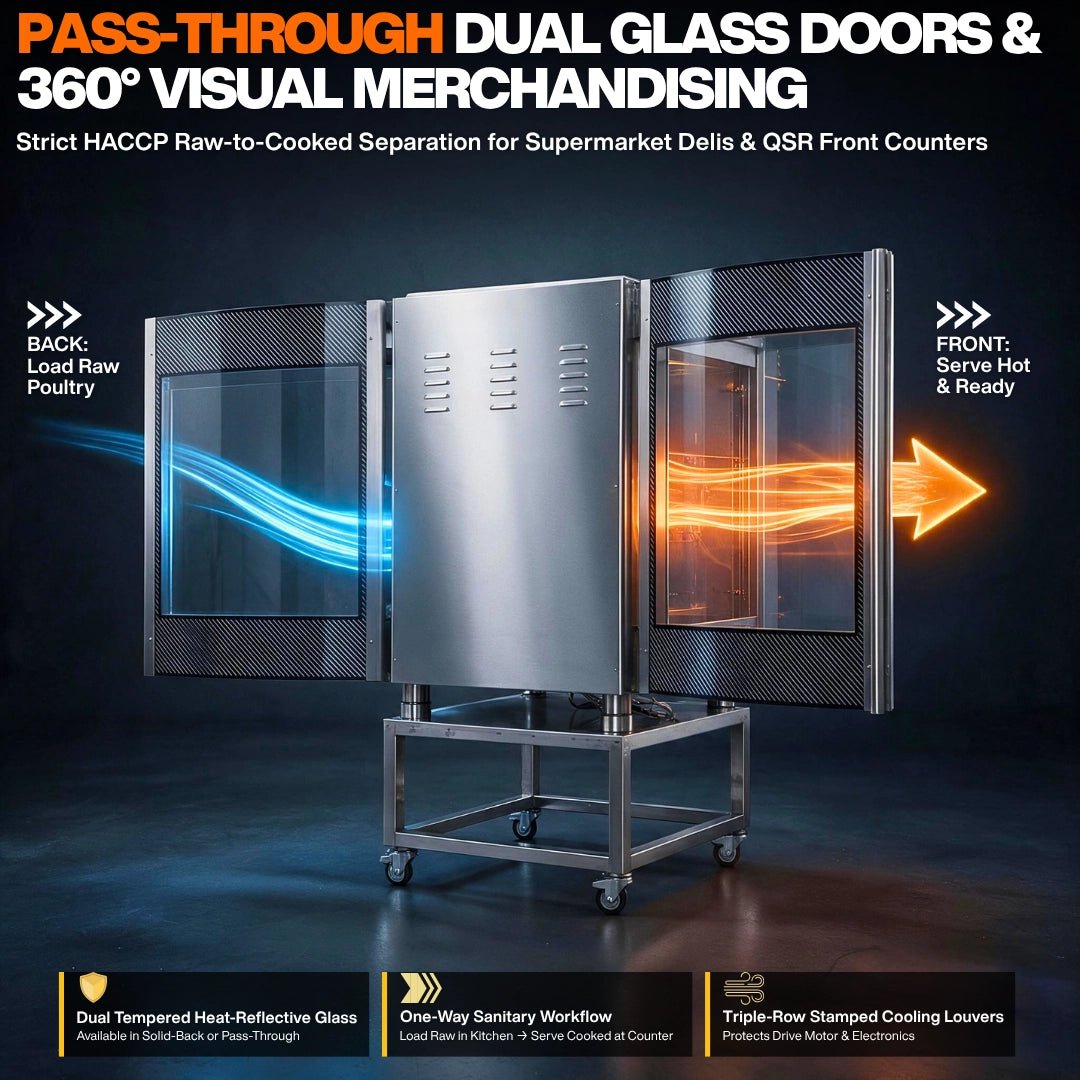 Pass-through commercial rotisserie oven with dual tempered heat-reflective glass doors for supermarket deli HACCP workflow