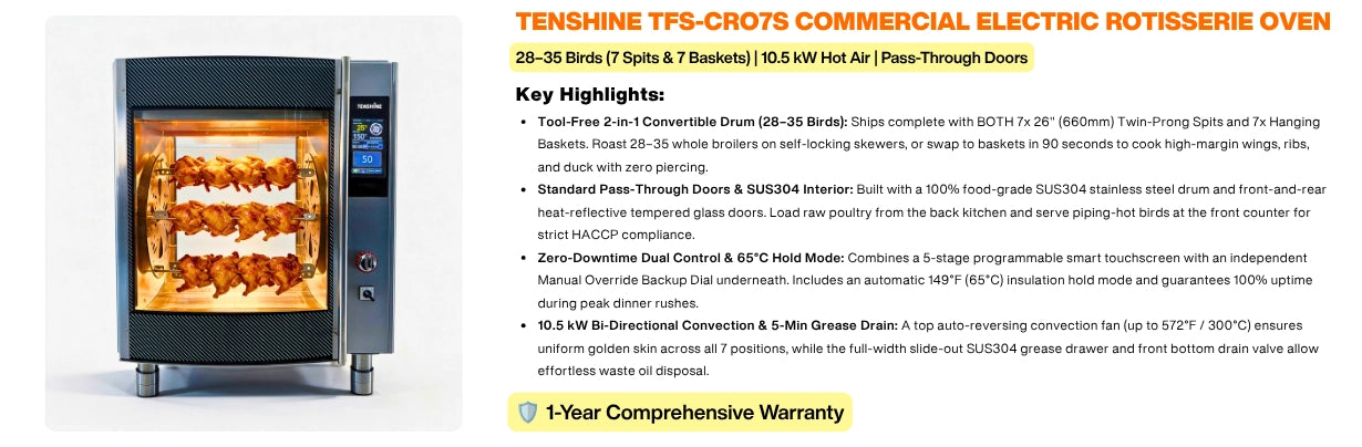 TENSHINE TFS-CRO7S pass-through commercial rotisserie oven key highlights: 7 spits and 7 baskets, 65C hold mode and 1-year warranty