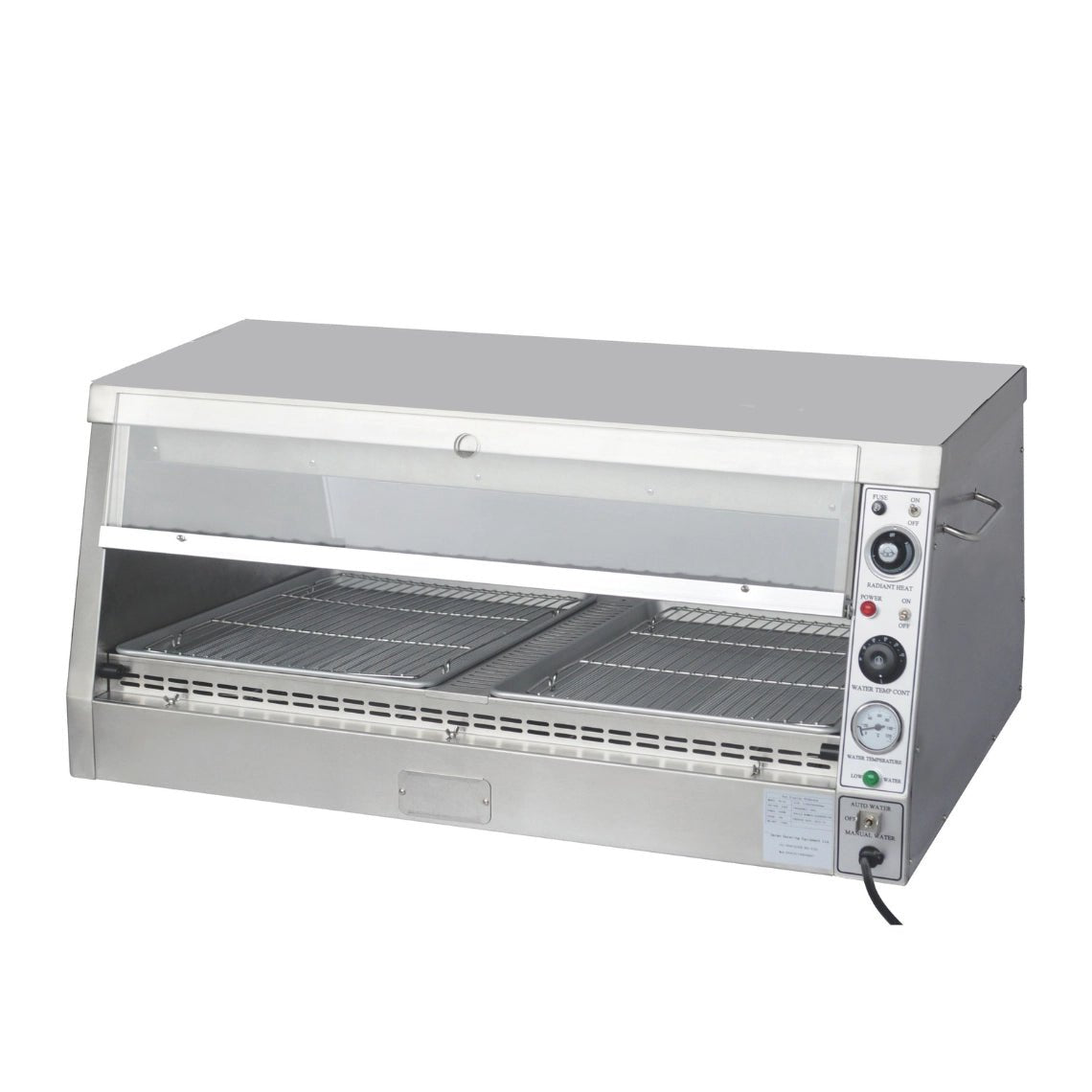 Side profile of the Tenshine TS-HCW2 pass-through fried chicken warmer, featuring dual access doors for efficient commercial kitchen workflow.