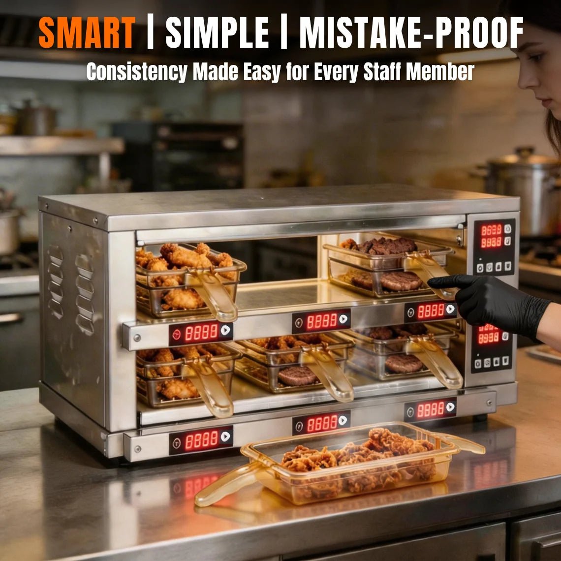 itchen staff easily retrieving hot burgers from a smart pass-through holding bin designed for simple and mistake-proof operation.