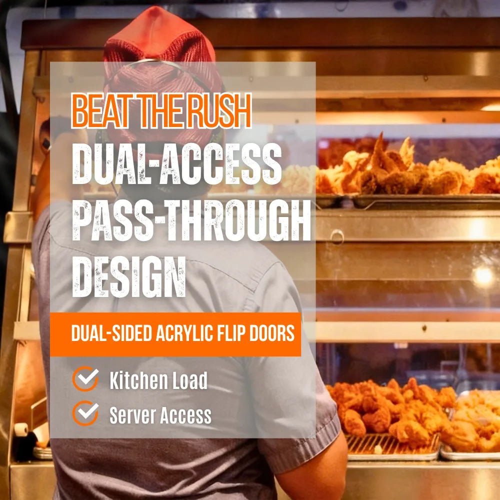 Kitchen staff utilizing the dual-access pass-through design of the food warmer to beat the rush efficiently.
