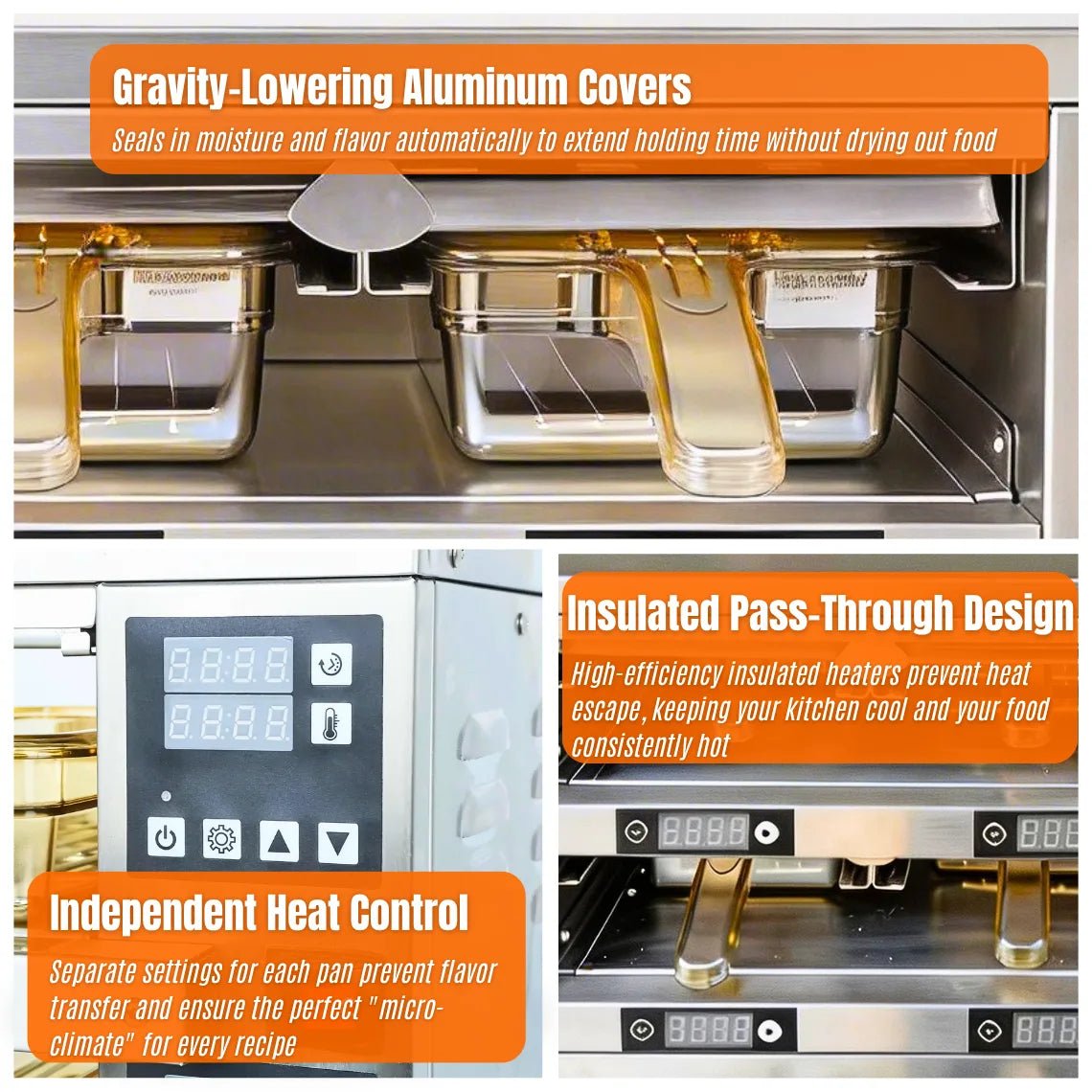 etail of the patty holding bin featuring gravity-lowering aluminum covers and independent heat control to prevent food from drying out