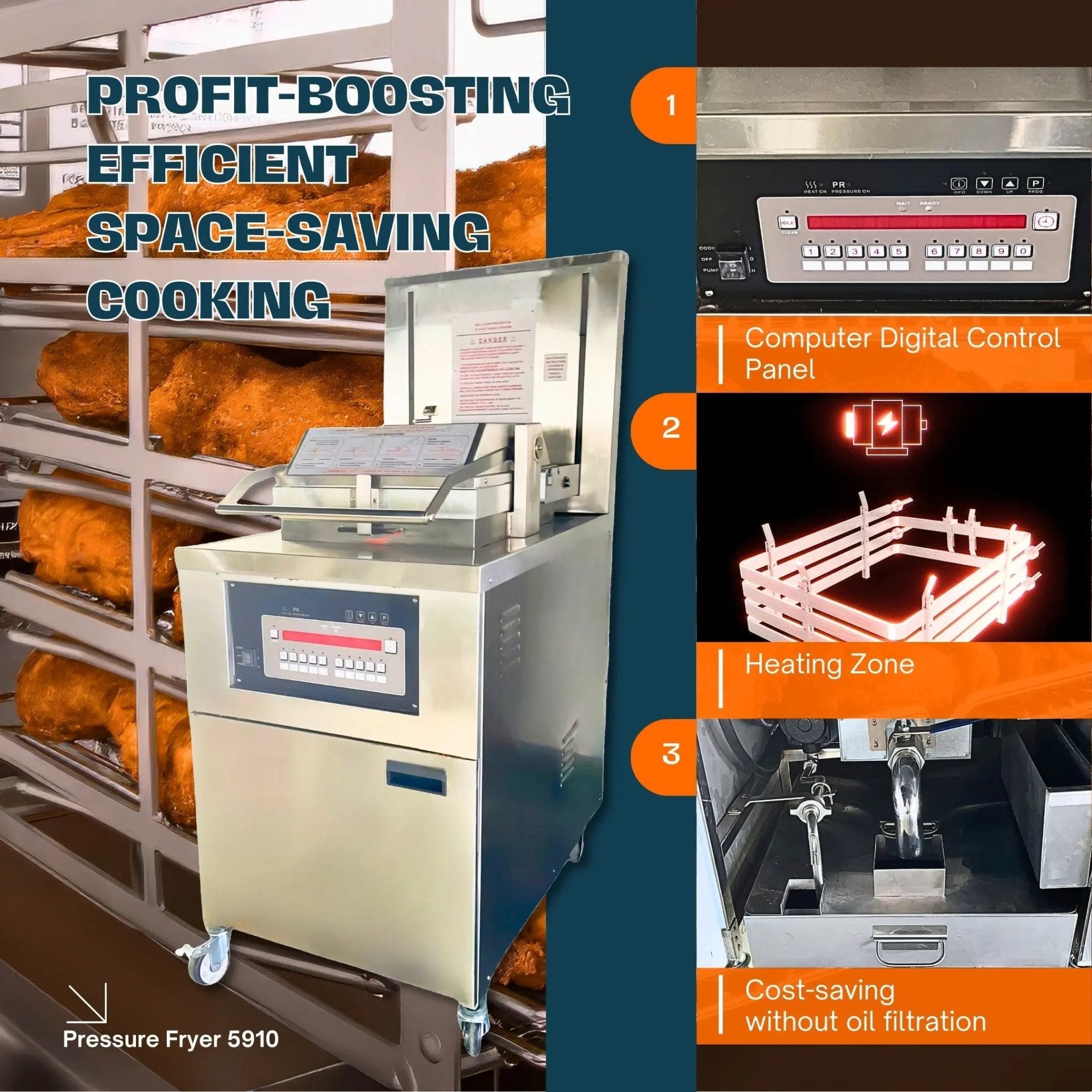 PFE - 5910 Heavy - Duty Electric Pressure Fryer 17KW 99lb / 75KG Shortening 8 Head with Oil Filtration SystemPressure Fryer