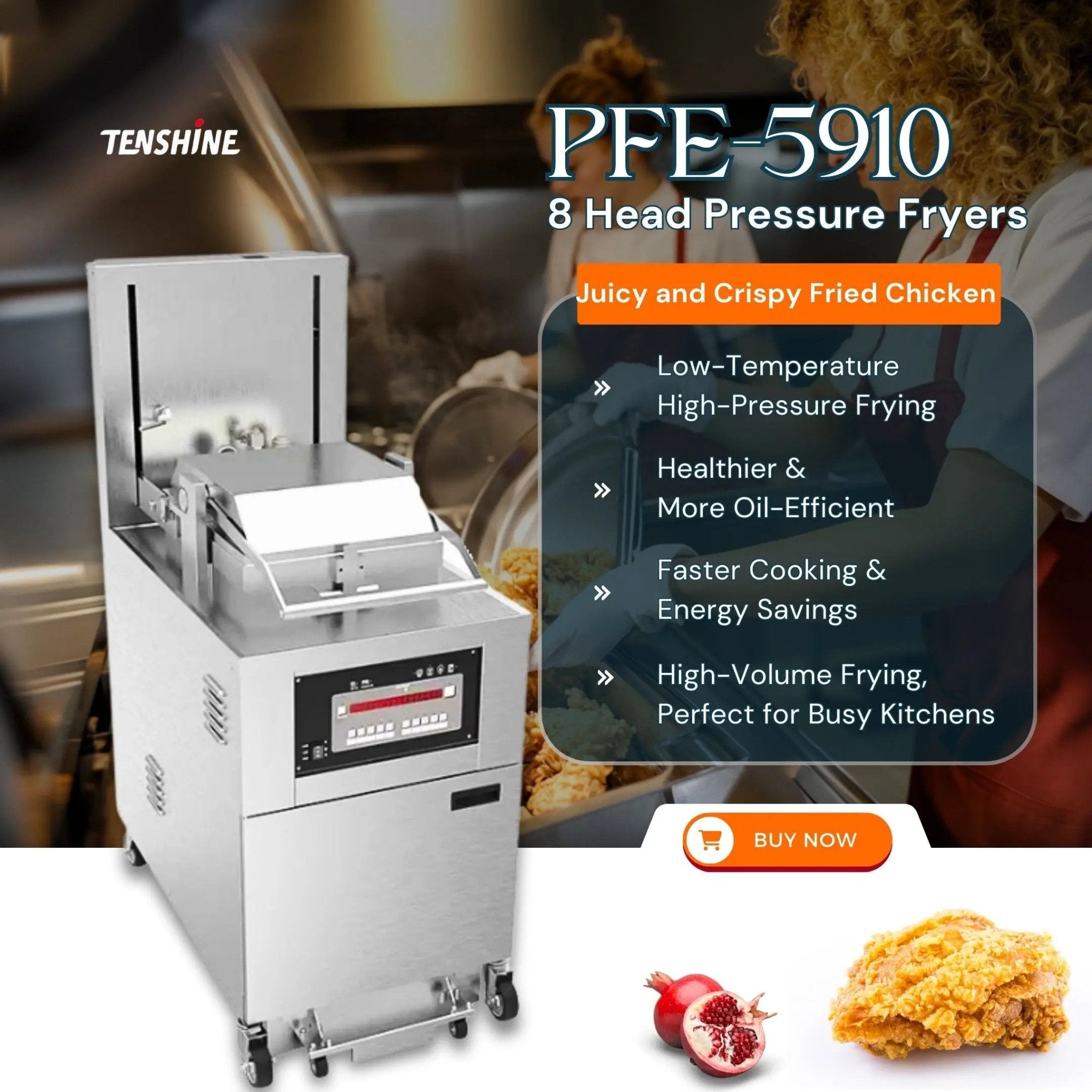 PFE - 5910 Heavy - Duty Electric Pressure Fryer 17KW 99lb / 75KG Shortening 8 Head with Oil Filtration SystemPressure Fryer