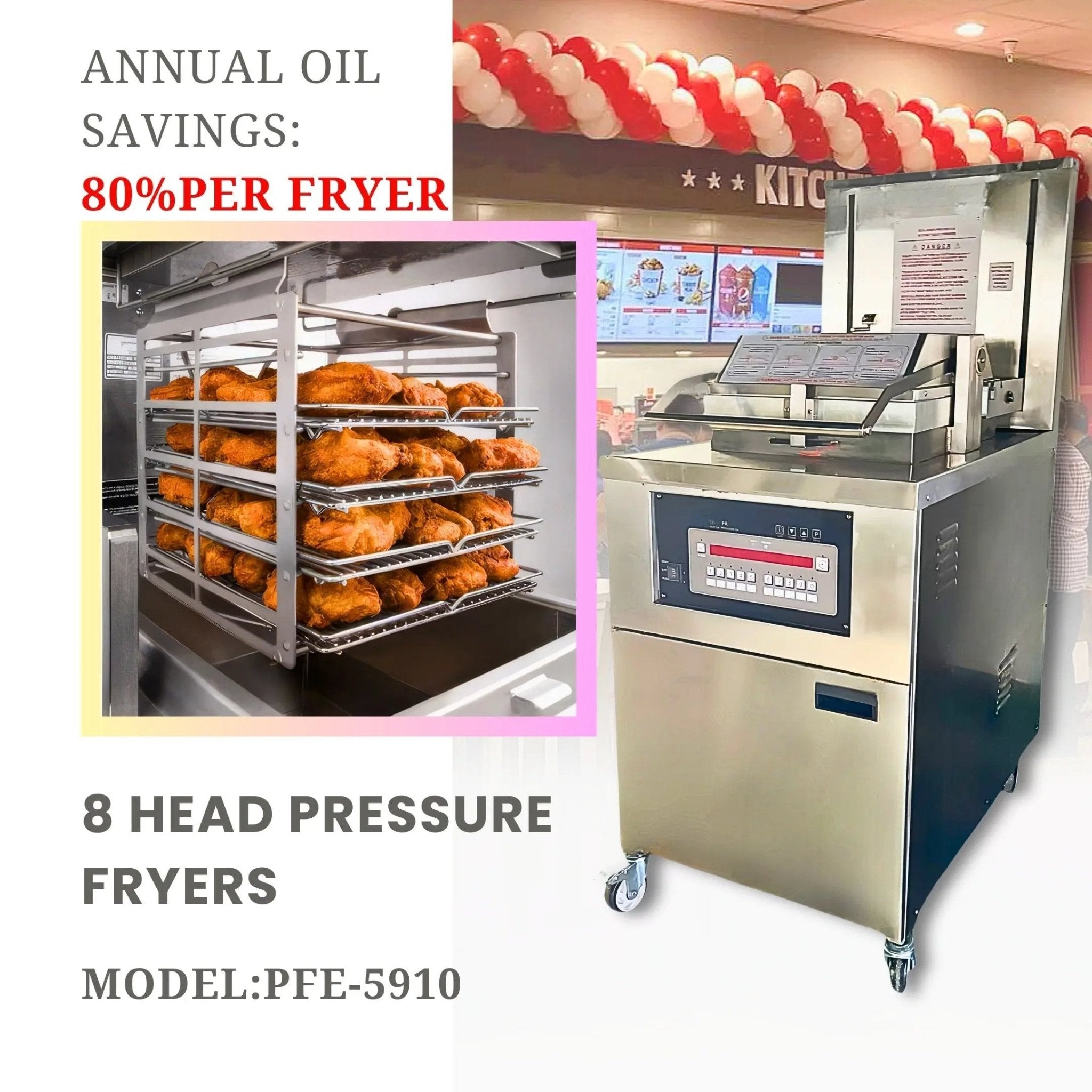 PFE - 5910 Heavy - Duty Electric Pressure Fryer 17KW 99lb / 75KG Shortening 8 Head with Oil Filtration SystemPressure Fryer