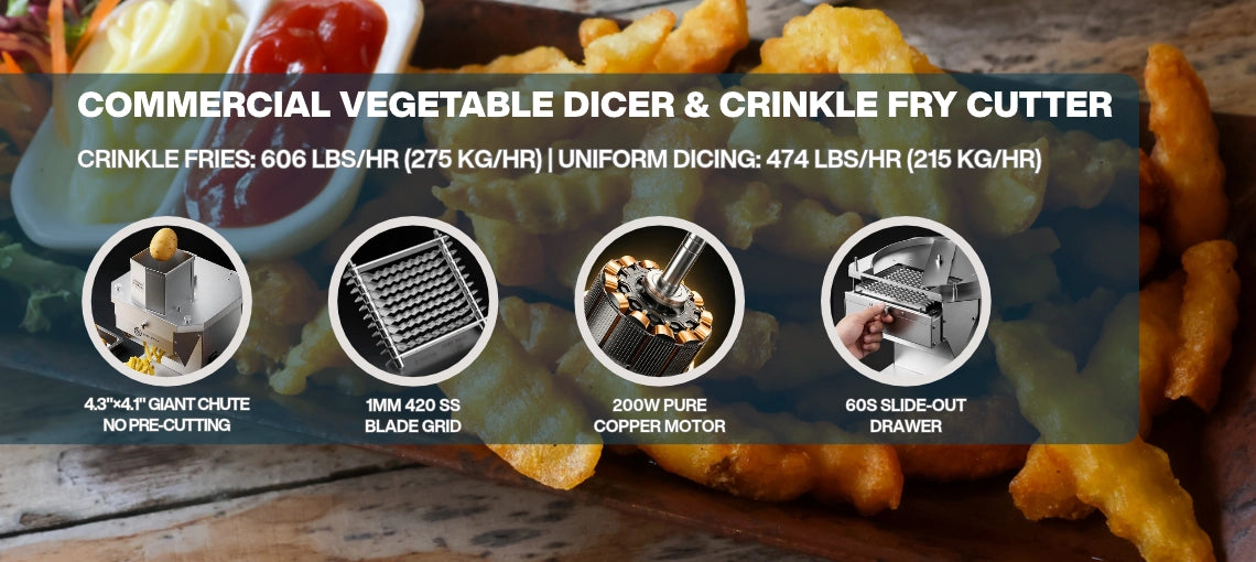 Commercial vegetable dicer and crinkle cutter for fries with 4.3x4.1 chute and 1mm 420 SS blade grid