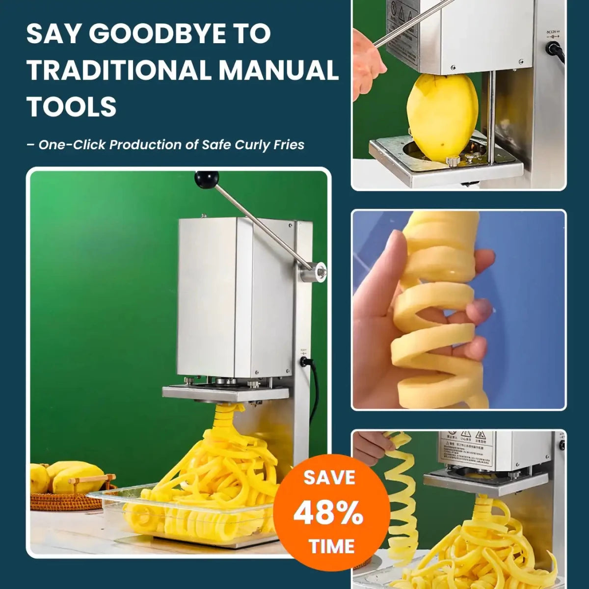 Automatic potato spiral cutter machine showing the secure grip and pusher mechanism for 100% safe operation.