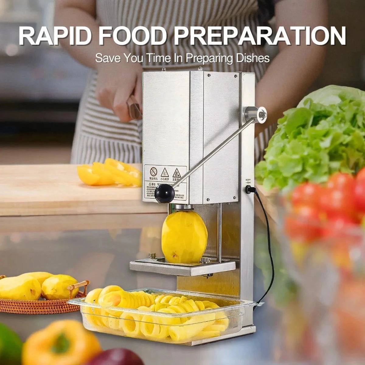 Versatile potato spiral cutter slicer effortlessly processing various vegetables like sweet potatoes and radishes.