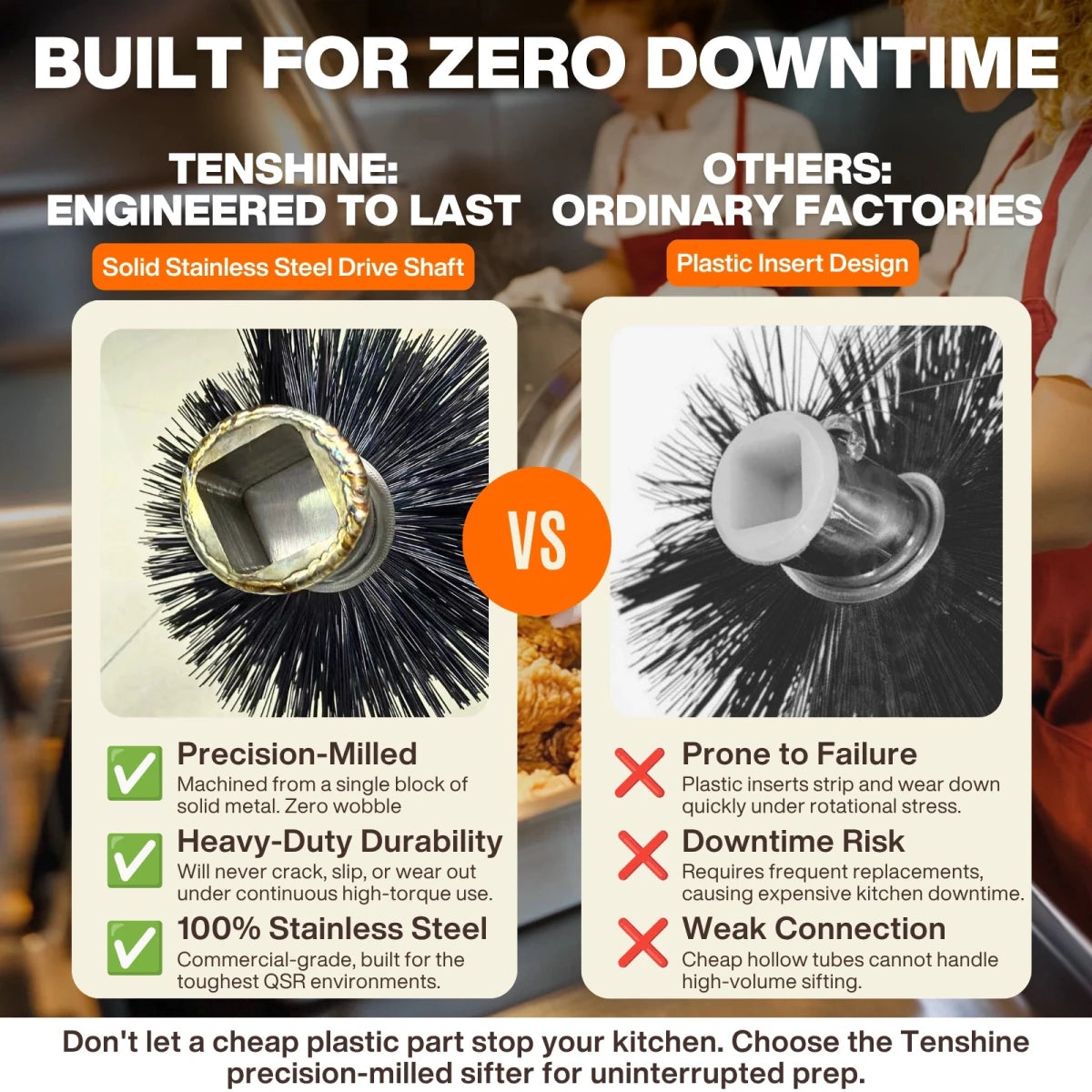 Engineering comparison showing the Tenshine precision-milled solid stainless steel drive shaft outlasting cheap plastic inserts prone to failure in commercial kitchens.