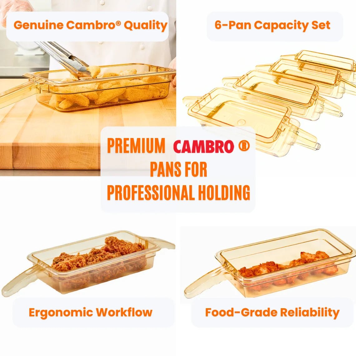 Premium food-grade Cambro pans included with the 6-pan capacity commercial holding bin for ergonomic workflow and reliability.