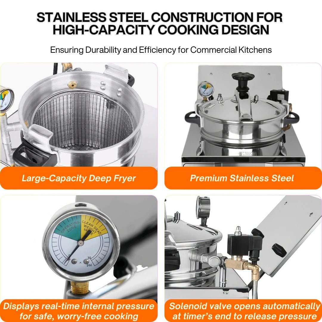 Premium 304 stainless steel construction of the 16L commercial countertop pressure fryer, highlighting the large-capacity deep vat and durable solenoid valve.