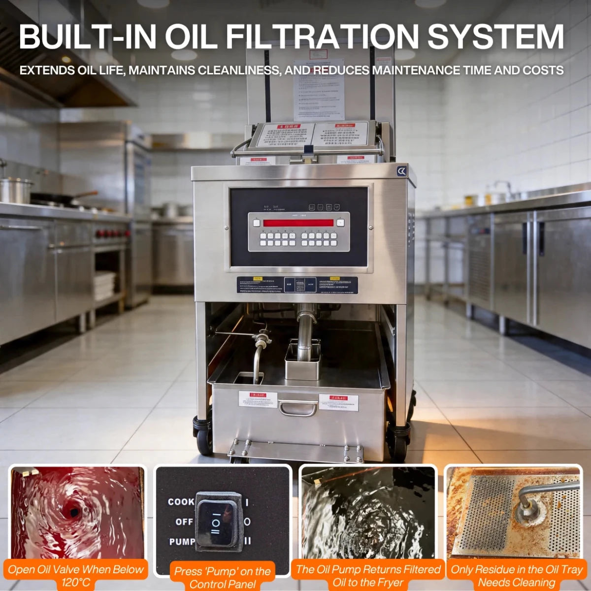 Built-in oil filtration system on the Tenshine pressure chicken fryer commercial model