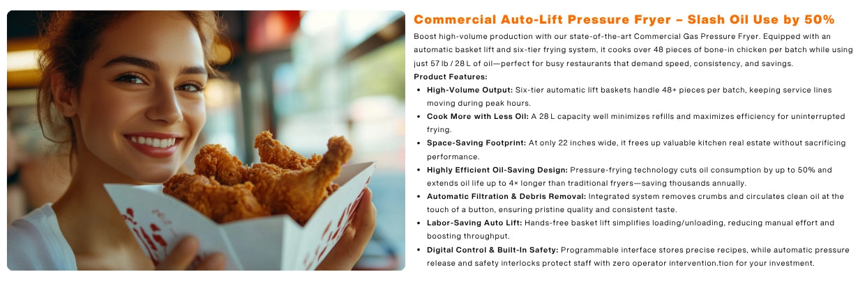 Save up to 50 percent on oil with the Tenshine pressure chicken fryer commercial auto-lift model