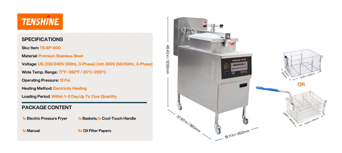 Technical specifications and exact dimensions of the heavy-duty TS-EP600 pressure deep fryer.