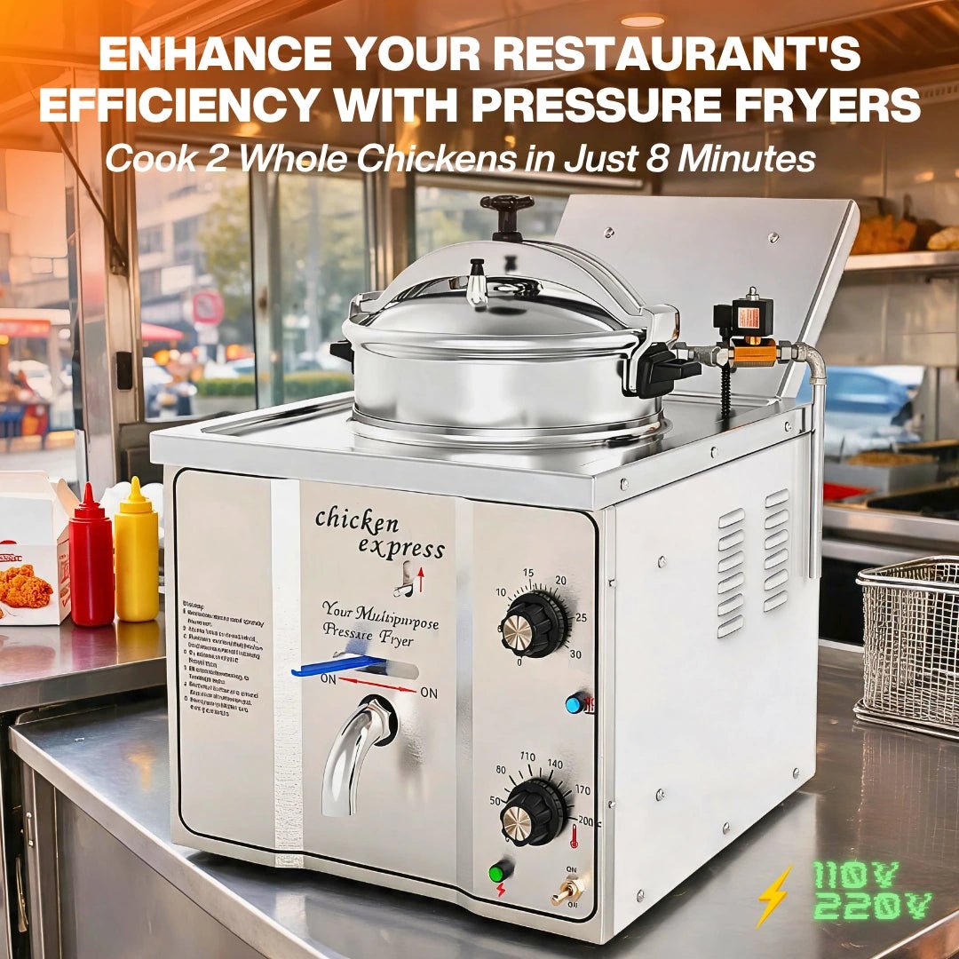 High output pressure fryer for chicken delivering crispy results at a fast food stand.