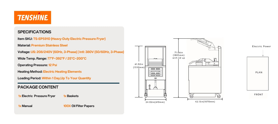 Detailed dimensions and engineering diagram for the Tenshine TS-EP-5910 pressure fryer commercial unit