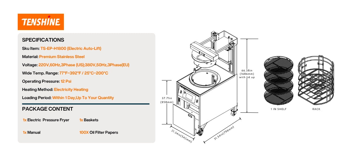 Specifications and dimensions of the Tenshine TS-EP-H1800 pressure fryer commercial unit