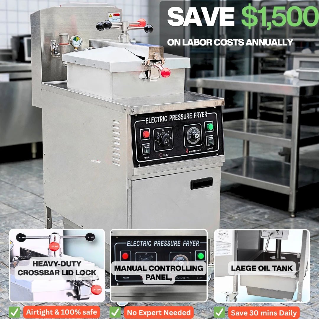 Infographic displaying the core advantages of the TS-EP24 pressure fryer commercial system, highlighting efficiency and safety.
