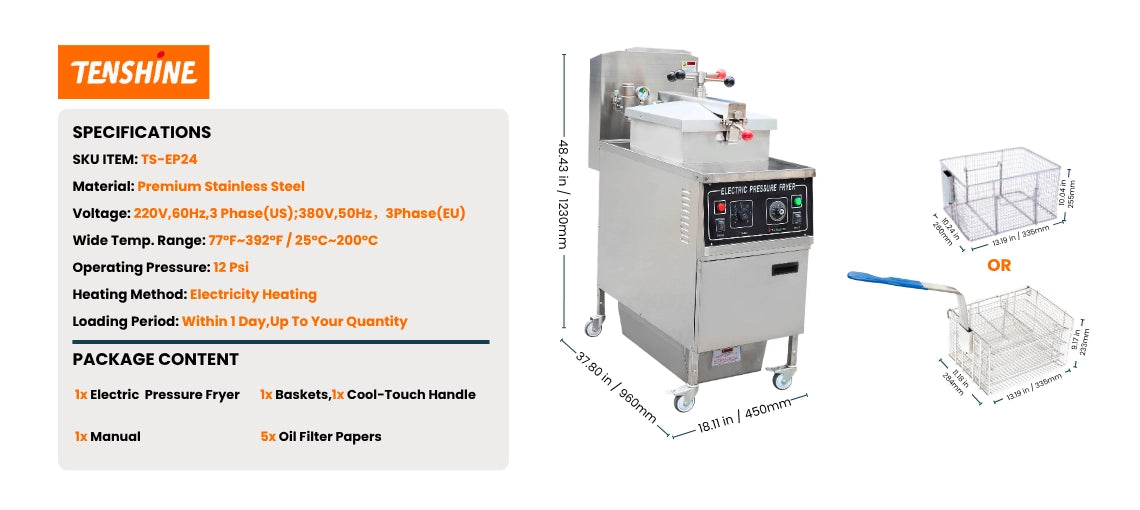 Technical specifications and dimensions chart for the TS-EP24 pressure fryer commercial system, highlighting its robust 13.5kW heating elements.