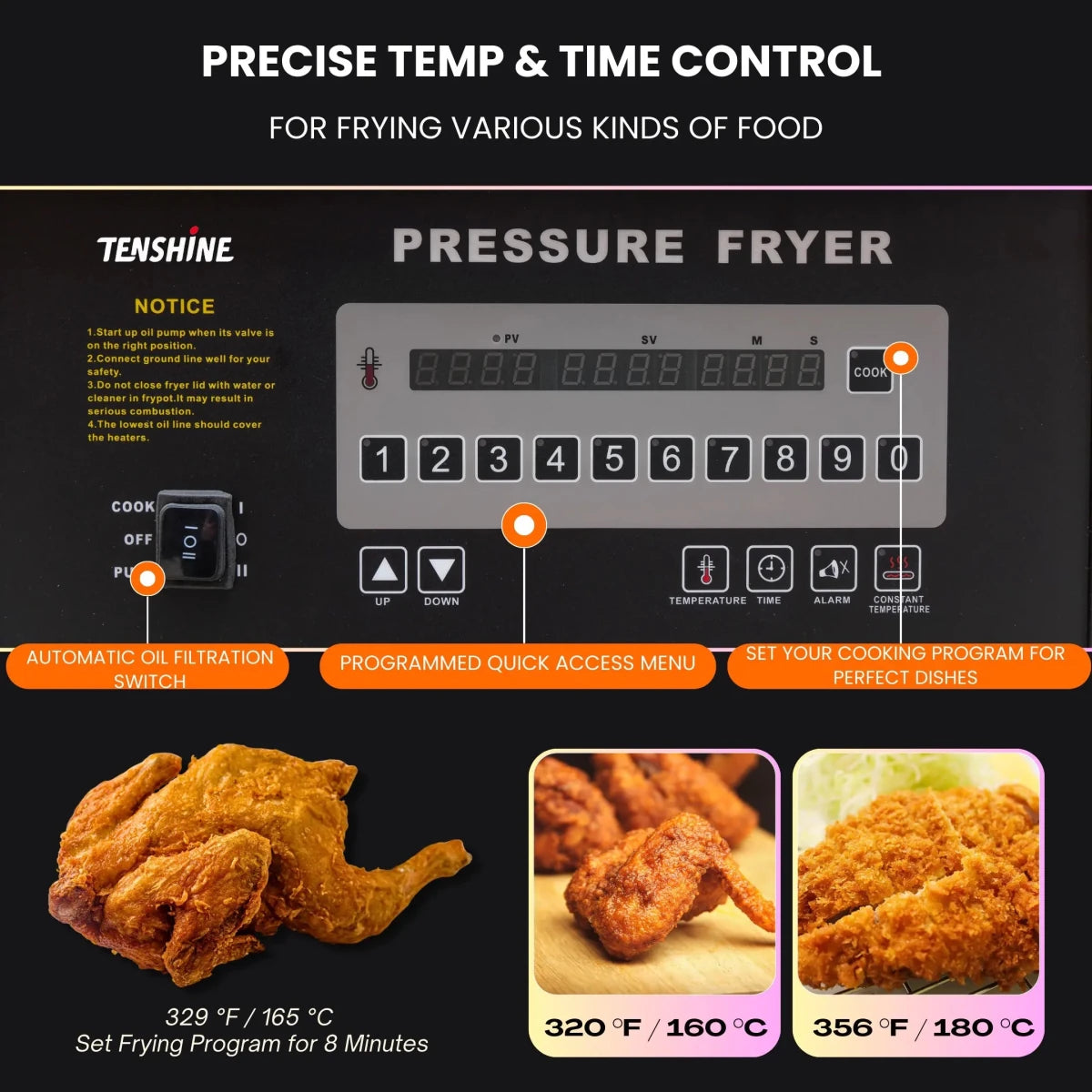Smart digital control panel of the electric pressure fryer for precise temperature and timing.