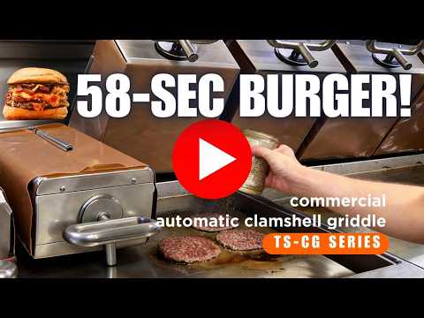 Video demonstration of the Tenshine TS-CG commercial automatic clamshell griddle cooking a burger in 58 seconds with zero manual flipping.