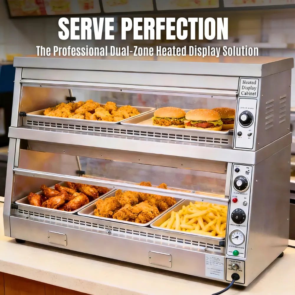 Professional dual-zone heated display merchandiser solution ensuring perfect serving temperature for hot foods.