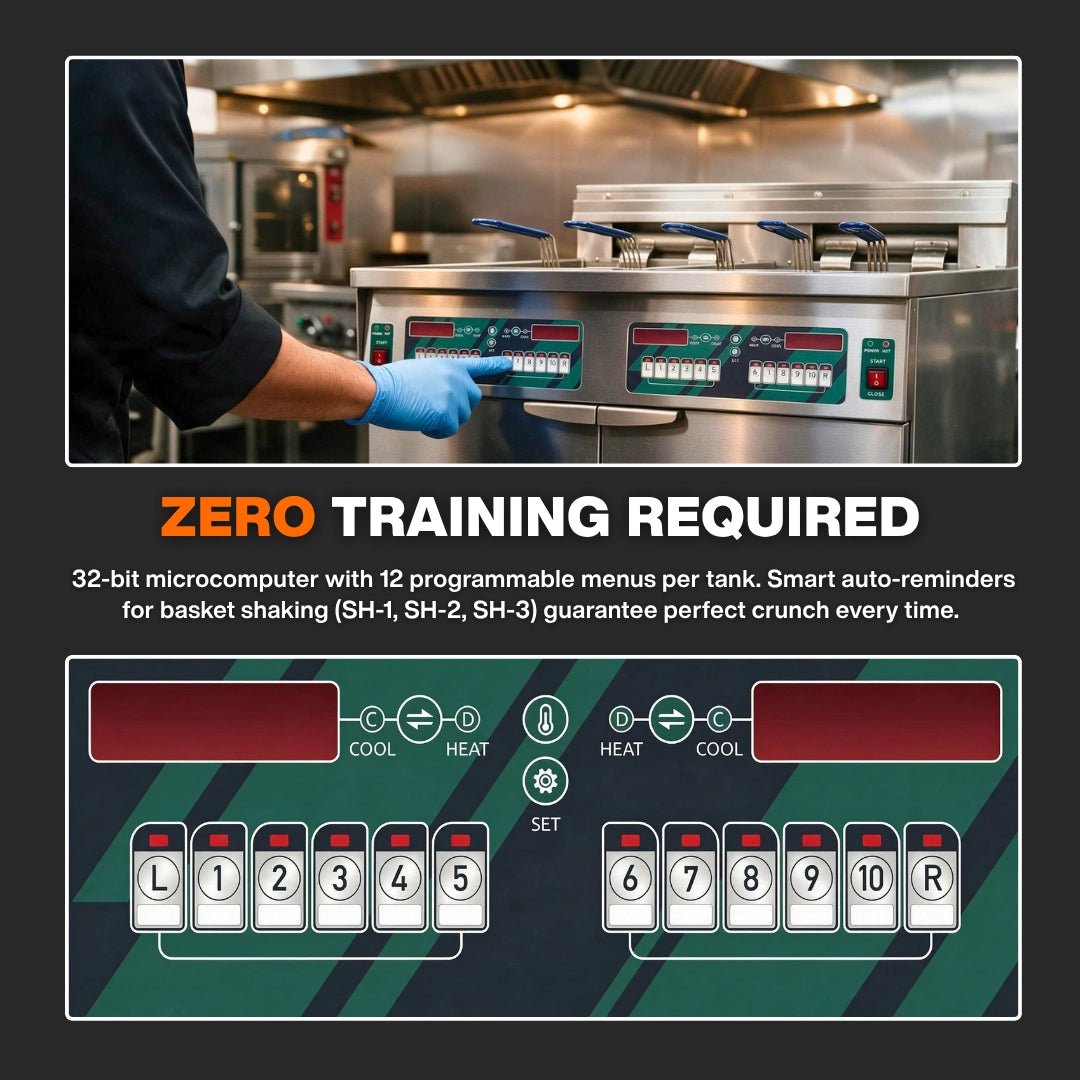 Programmable commercial fryer with 12-menu smart control and shake-basket reminders.