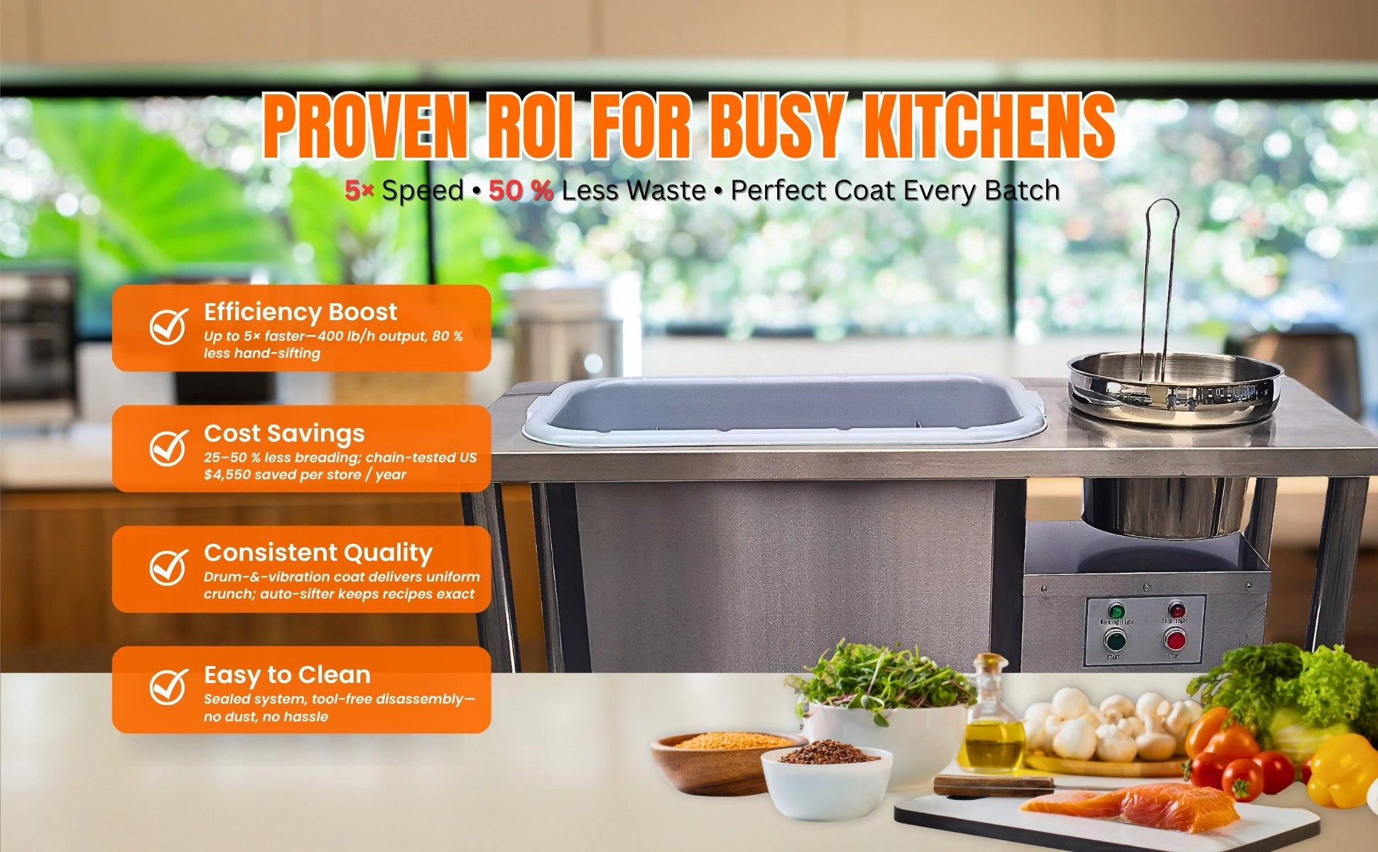 Proven ROI breakdown for busy kitchens using the Tenshine fried chicken prep equipment, highlighting a 5x speed boost, consistent quality, and 50 percent less breading waste.