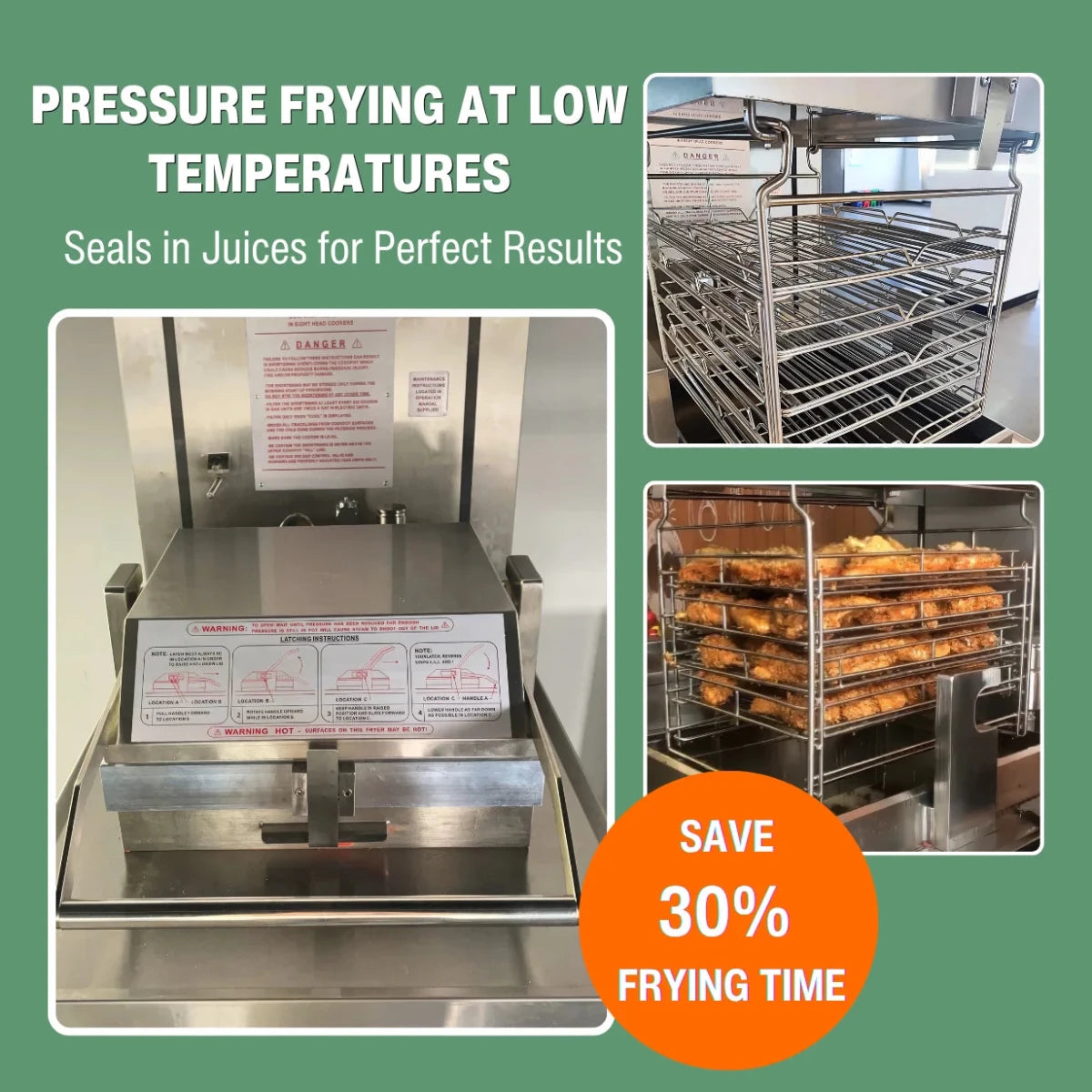 The TS-GP5910 restaurant chicken pressure fryer equipment cooking at low temperatures to seal in juices, saving frying time for crispy chicken.