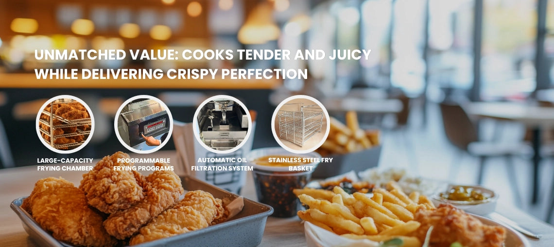 The unmatched value of the TS-GP5910 restaurant chicken pressure fryer equipment, showcasing its large-capacity chamber, programmable menus, and built-in filtration.