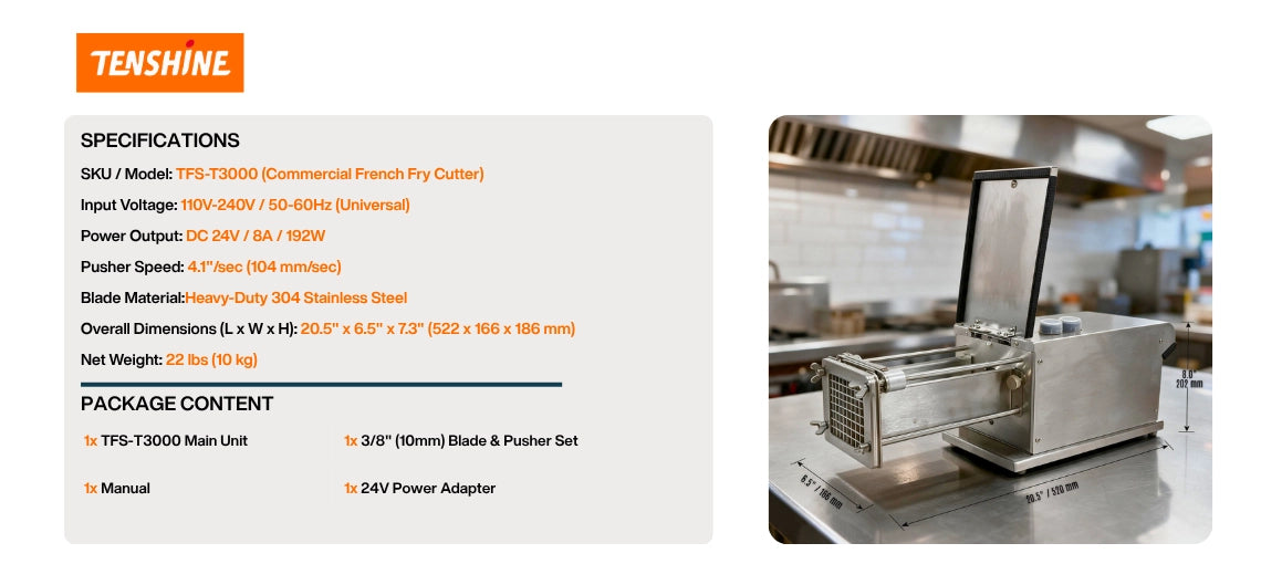Package contents and technical specifications for the Tenshine restaurant french fry cutter including the 3/8 inch blade and 24V adapter.