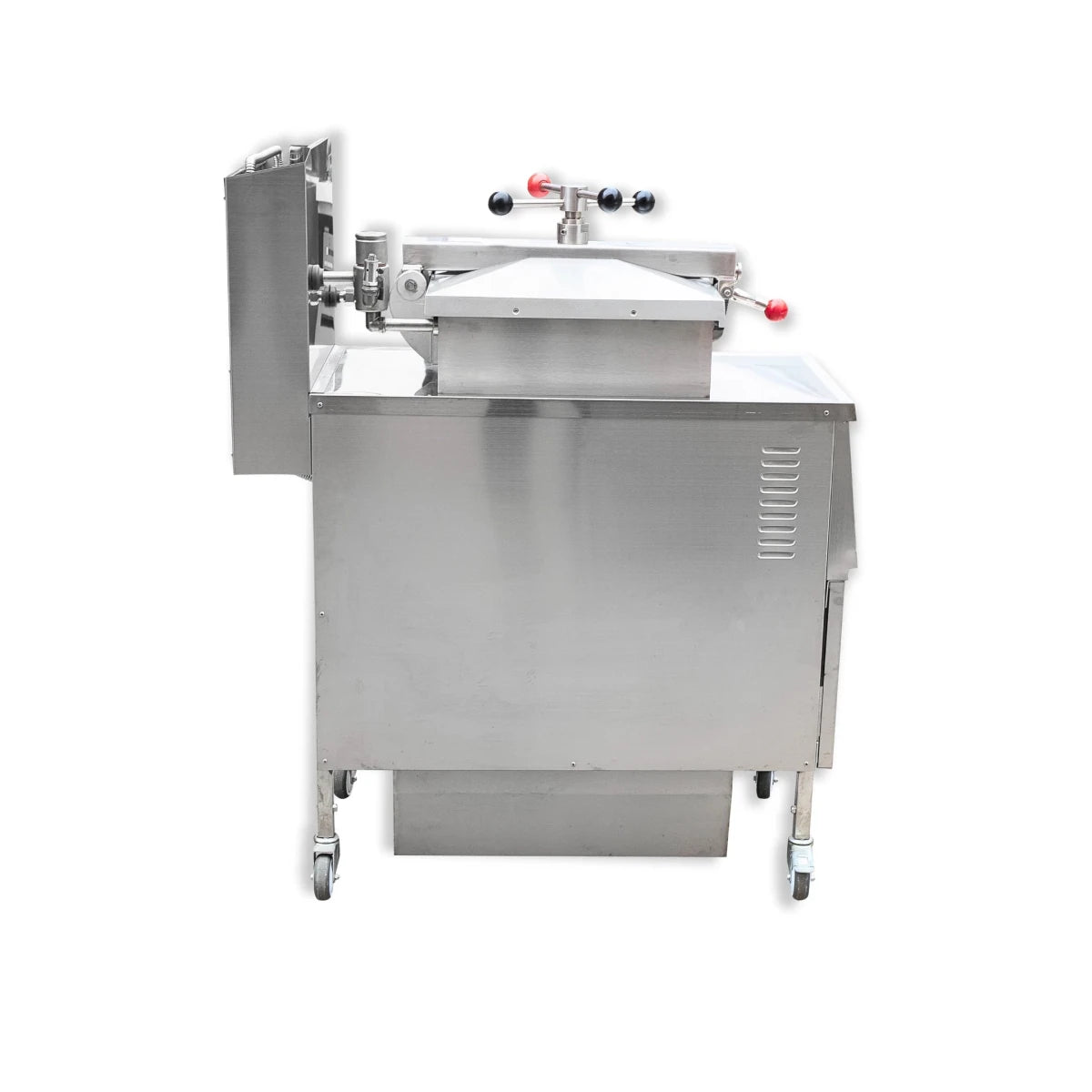 Side profile of the highly mobile gas pressure fryer, perfectly designed and widely using in outdoors and indoors.