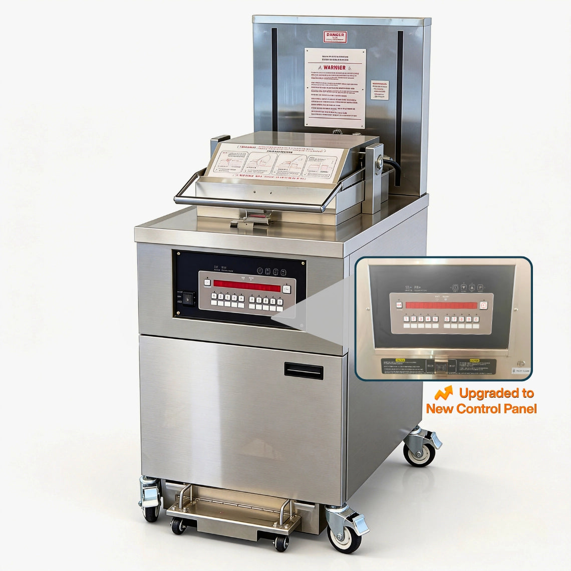 Front view of the Tenshine TS-GP5910 high-volume gas pressure fryer with filtration, featuring a 45L oil capacity and pressure lock.