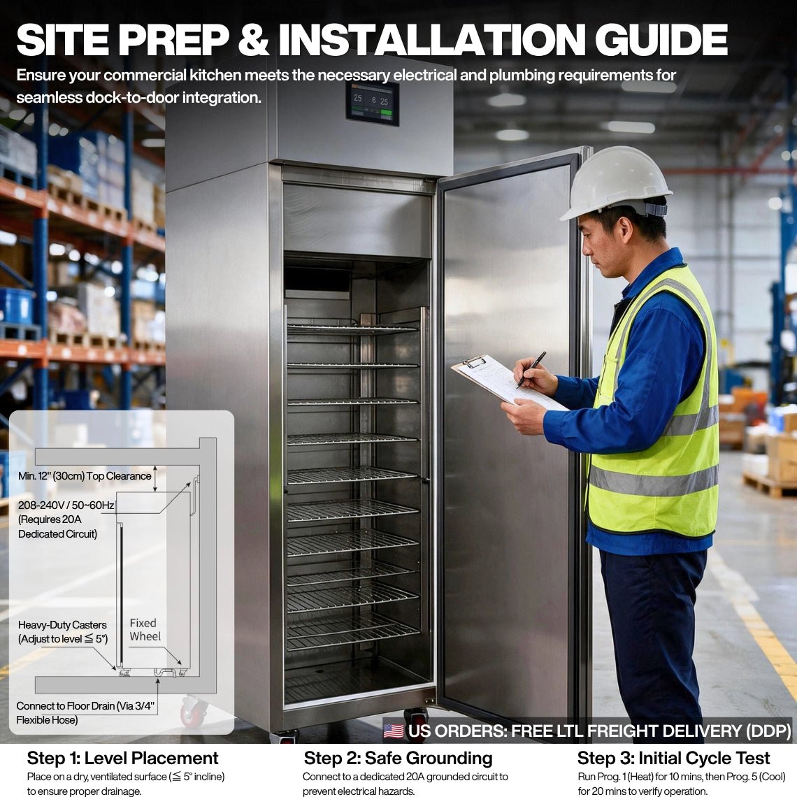 Site prep and installation guide for restaurant thawing equipment, illustrating level placement, NEMA 6-20P safe grounding, and initial cycle testing.