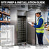 Site prep and installation guide for restaurant thawing equipment, illustrating level placement, NEMA 6-20P safe grounding, and initial cycle testing.