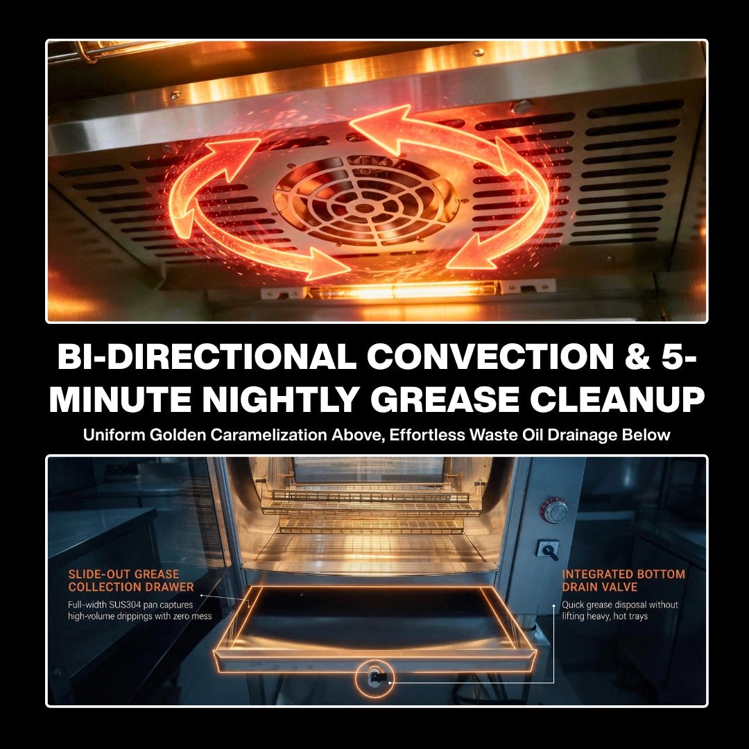 10.5kW bi-directional rotisserie convection oven fan and slide-out SUS304 grease collection drawer with bottom drain valve