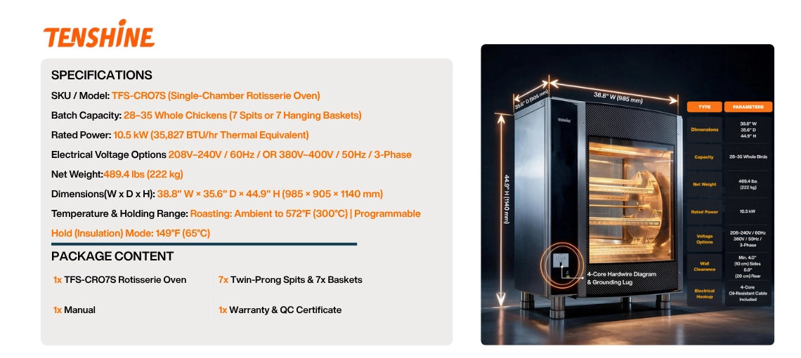 Rotisserie oven commercial specifications and package content: 10.5kW (35,827 BTU/hr), 28-35 birds, 38.8x35.6x44.9 inches