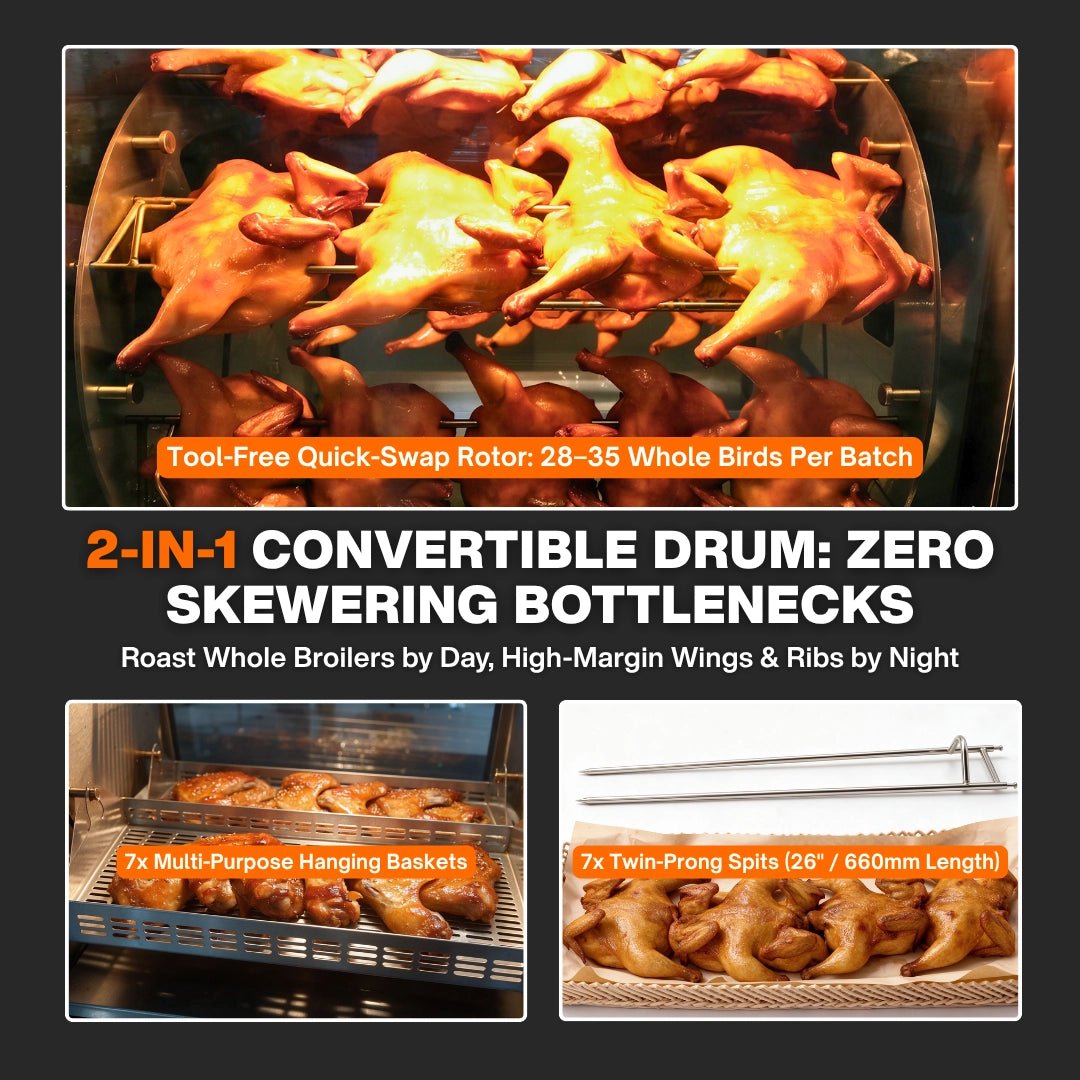Rotisserie oven commercial 2-in-1 drum with tool-free rotor, 7 twin-prong 26-inch spits and 7 multi-purpose baskets