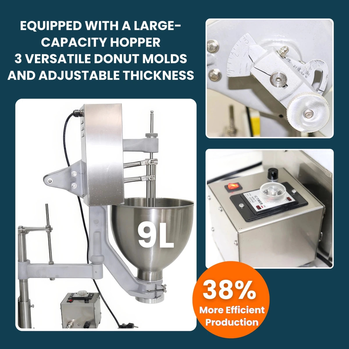 Three-panel operational workflow of the semi-automatic donut machine, demonstrating the precision gas thermostat and adjustable thickness molds.