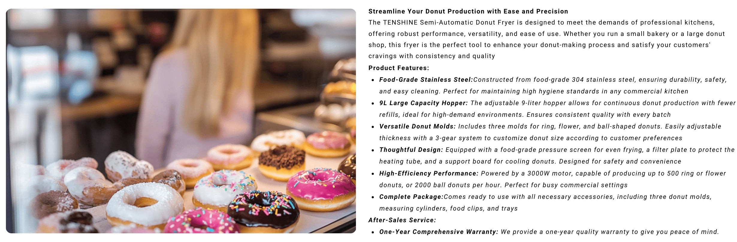 Comprehensive structural infographic of the semi-automatic donut machine, highlighting the built-in oil drain valve and automated safety thermostat system.