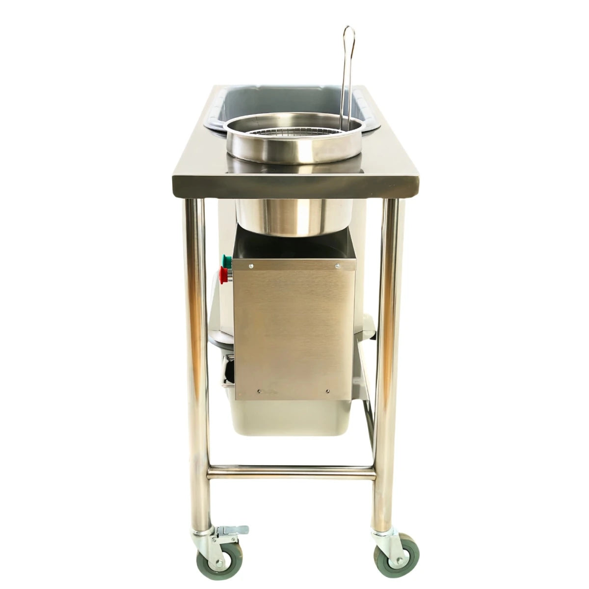Side profile of the ultra-slim Tenshine fried chicken breading station against a white background, highlighting its compact footprint designed for crowded QSR kitchens.