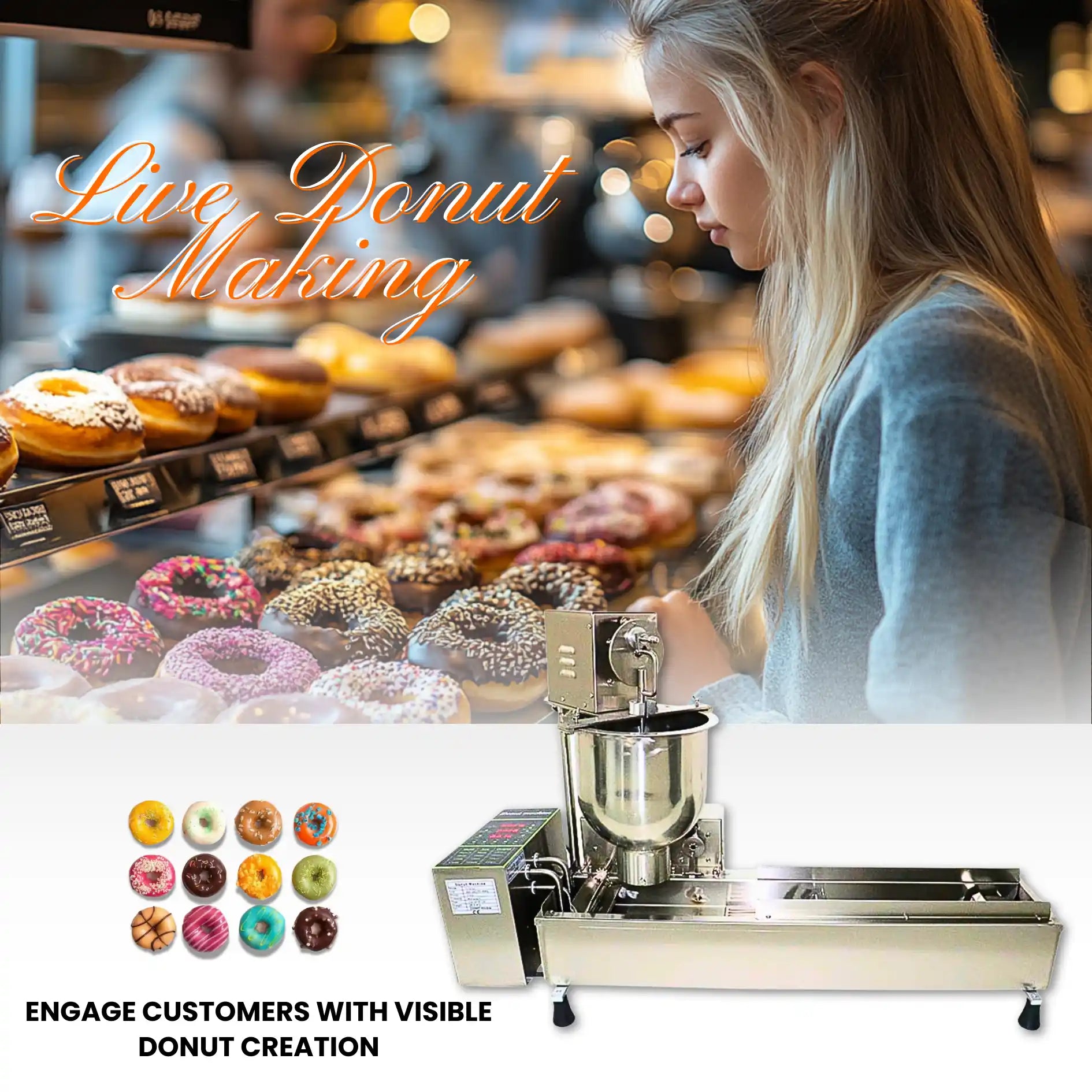 Commercial donut maker used in bakeries, cafes, hotels, and dessert shops for high-volume production