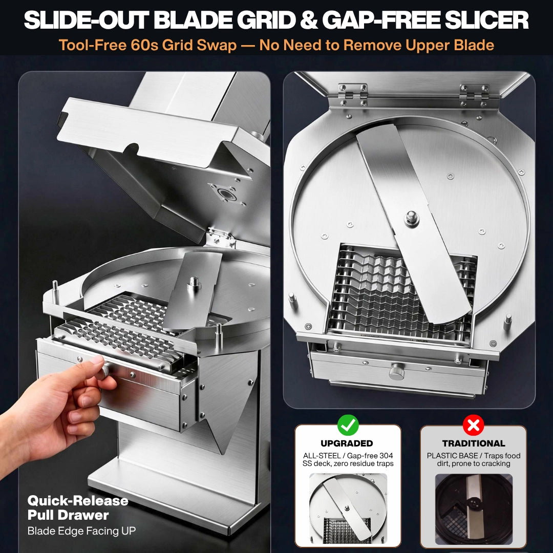 60-second slide-out blade grid drawer and gap-free 304 stainless steel commercial vegetable slicer deck