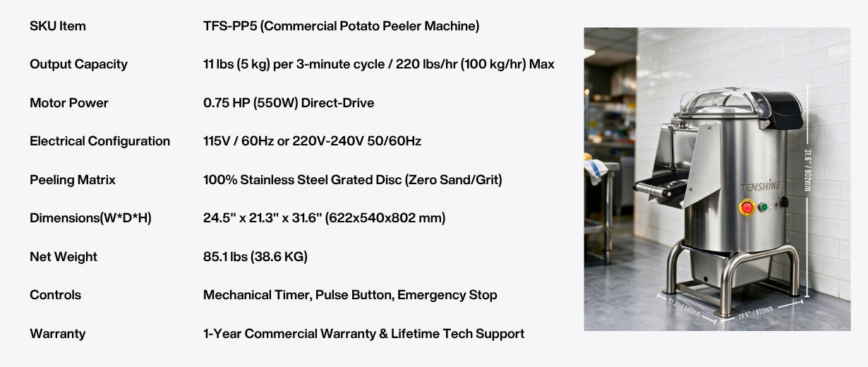 Technical specifications for the small electric potato peeler detailing its 0.75 HP motor, 115V power, and 11 lb batch capacity.