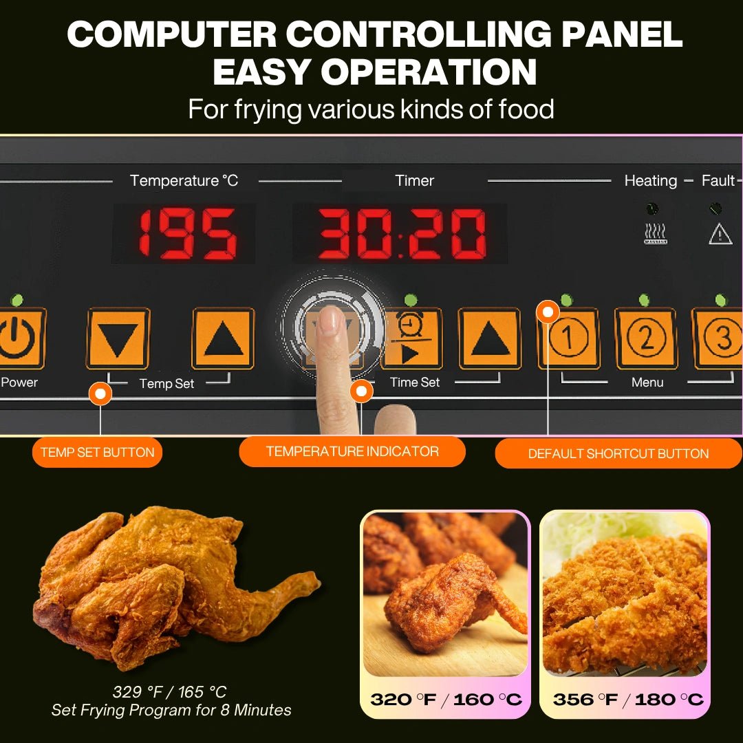 Programmable smart digital control panel of the 16L commercial pressure fryer, featuring one-touch temperature and timer settings for perfect fried chicken.